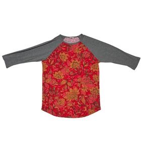 LuLaRoe Randy Raglan Baseball Tee Red Yellow Houndstooth Floral Print - MEDIUM